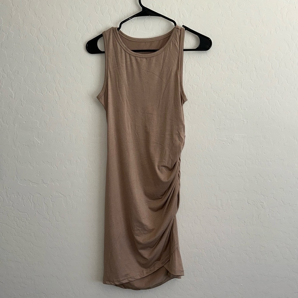 Apricot Lune Solid Ruched aside Pencil Hem Tank Dress - S